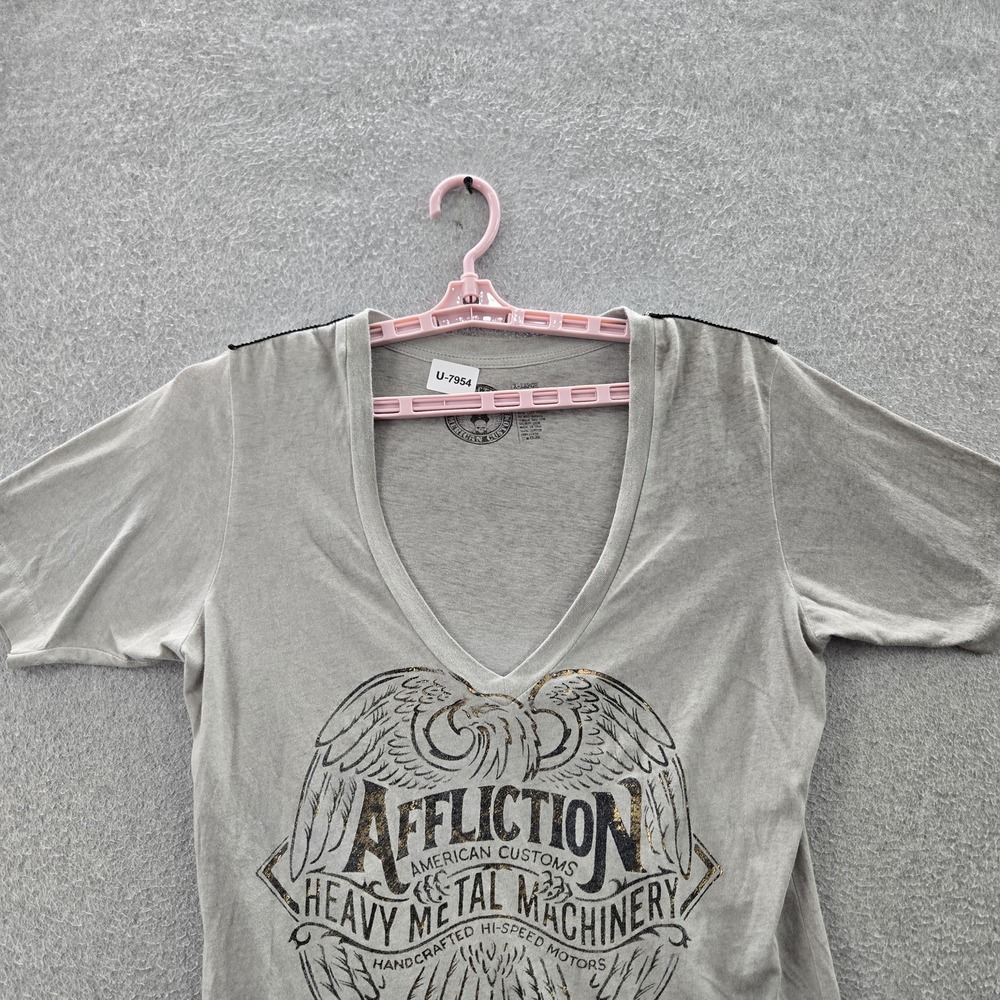 Affliction Women Shirt X-LARGE Gray Y2K Grunge Eagle California Short Sleeve - Picture 4 of 9